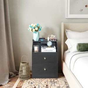 FCH <b>Black</b> Particle Board Nightstand 45*35*63cm Two Drawers with Tapered Matt Gold Handle Triamine 1 Wireless <b>Bedside</b> <b>Table</b> - Product Image 3