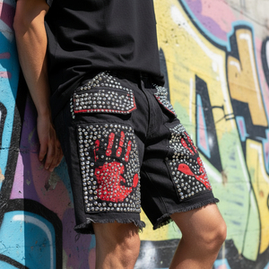 Glory Street Designer Jeans Distressed Embroidered <b>Patch</b> Custom <b>Men's</b> Hip Hop Diamond Crystal Rhinestone Denim <b>Shorts</b> - Product Image 2