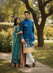 NiMa Creations Kurta de Algodón para Hombre, Estampado Digital Azul, Largo hasta la Rodilla, Corte Regular, Estilo Tradicional Indio-Pakistaní, Informal, para Fiestas - Product Image 2