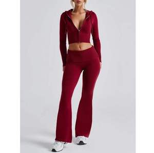 Custom Women's Flare Tracksuit Set Zip Up Crop <b>Hoodie</b> High Waist Flared Pants Fitness Activewear OEM Supplier - Product Image 3