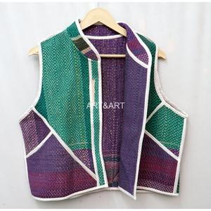 Multicolor Handmade 100% Cotton Kantha Short Vest <b>Jacket</b> <b>Women</b> V-neck Elegant Patchwork Pattern Button Detail <b>Vintage</b> Breathable - Product Image 2