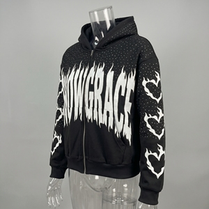 Snowgrace Hooded <b>Sweatshirt</b> Black Flame <b>Heart</b> Print Zipper Front Oversized Fit Men Streetwear Winter Knitted Cotton - Product Image 4