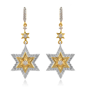 Luxury Two Tone Gold and Silver Star Drop <b>Earrings</b> with Brilliant Stone Center Layered Star Design and Elegant <b>Dangle</b> Style - Product Image 1