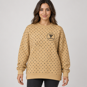 Women's Camel Crewneck <b>Sweatshirt</b> with Charcoal Allover Polka Dots <b>Long</b> Sleeve Custom Logo - Product Image 1