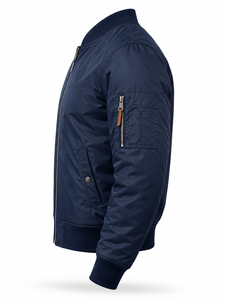 Blouson bomber bleu marine pour homme, col montant, fermeture éclair, coupe décontractée, coupe-vent, polyester, couleur unie, coupe régulière, pour l'automne - Product Image 2
