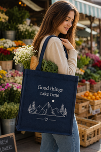 Bolsa de compras de yute para la playa, tamaño mediano, azul marino, con diseño de montaña 'Good Things Take Time', asa superior, reutilizable, gran capacidad, para supermercado - Product Image 3