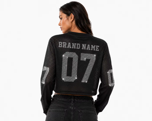 Maillot de football américain unisexe noir en maille à manches trois quarts, personnalisé avec strass thermocollés, col en V ample, motif drapeau, grande taille, scintillant - Product Image 3