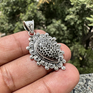 Handmade Black Coral Fossil Teardrop Pendant 925 Sterling Silver Bohemian <b>Statement</b> Filigree Pendant Wholesale Jewelry - Product Image 2