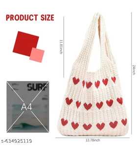 Bolso de mano de ganchillo para mujer, bolso de hombro informal con apliques de corazón rojo, uso diario, bolso reutilizable para el día de San Valentín, 100% de gran capacidad - Product Image 3