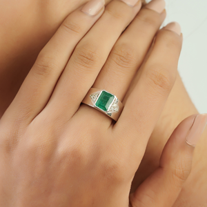 Bezel Setting 925 Sterling <b>Silver</b> 100% Authentic Octagon Shape <b>Emerald</b> & Diamond Wide Band Unisex <b>Ring</b> Party Wear Jewelry - Product Image 2
