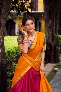 Sari indio tradicional de seda con estampado floral y borde dorado para mujer, para ocasiones de boda, largo hasta el suelo, corte regular. - Product Image 3