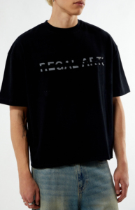 Regular Fit <b>Black</b> 100% Cotton Knitted <b>Turtleneck</b> Short Sleeve Breathable Boxy T-Shirt Front Logo Puff Printing Hip Hop <b>Men's</b> - Product Image 4