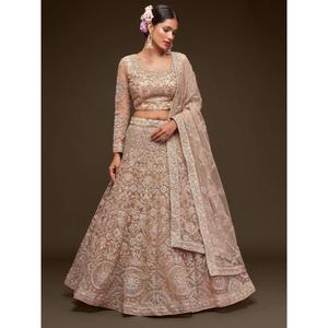 Lehenga choli ตาข่ายผ้านิ่มปักลายสีรอยัลเบจสำหรับผู้หญิงรวมถึง dupatta - Product Image 1