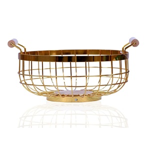 Metal Wire Fruit Basket Geometric Round Fruit <b>Vegetable</b> Basket Gold Finish Decorative Countertop Storage Bowl for Kitchen - Product Image 1