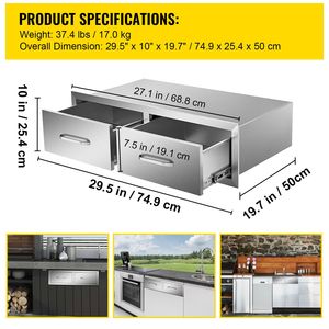 Accessorio per Cucina Esterna - Cassetti Doppi Orizzontali per BBQ 76 cm L x 25 cm A x 51 cm P con Maniglia in Acciaio Inox per BBQ da Isola - Product Image 4