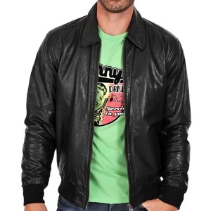 Chaqueta Bomber de Cuero Negra Ligera para Hombre con Cierre - Product Image 1