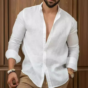 Camisa Casual de Algodón y Lino para Hombre, Color Sólido, para el Ocio en Otoño, Popular en Europa y América, Orientada a la Juventud - Product Image 1