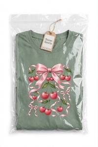 Camiseta informal de cuello redondo para mujer, estampado de cerezas y lazos rosas, manga corta, poliéster/algodón, top de verano - Product Image 6