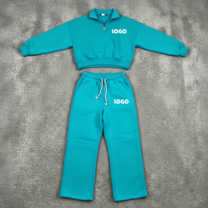 Custom Logo Women Activewear Half <b>Zip</b> Cropped Sweat Tops & Wide Leg Jogger Pants Set Women High Quality Tracksuit Set - Product Image 4