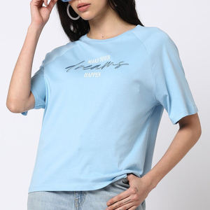 Camiseta Corta Azul Claro para Mujer, Cuello Redondo, Manga Corta, Corte Holgado, Color Sólido, Algodón Jersey, Transpirable, Top de Verano - Product Image 4