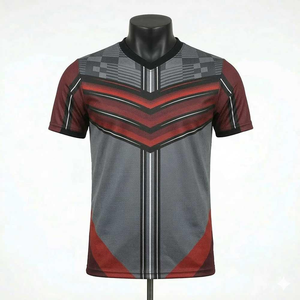 T-shirt à manches courtes pour homme, motif géométrique rouge et noir, col en V, séchage rapide, tricoté, sportif, coupe classique - Product Image 1