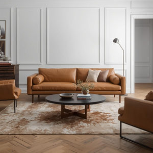 Sofá Contemporáneo de Cuero Genuino Estilo Mid-Century Modern, Tapicería de Piel de Vaca para Sala de Estar, Muebles para el Hogar - Product Image 5