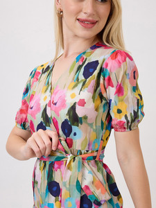 Vestido Midi Floral Elegante y Formal de Alta Calidad para Mujer, con Estampado Floral Natural, Mangas Abullonadas, Corte Crepé, Suave y Transpirable - Product Image 4