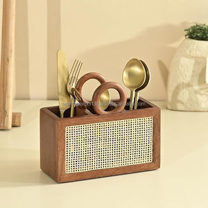 Wooden <b>Gold</b> Plated Cutlery Holder with <b>Mirror</b> Finish Rattan Panel Short Handle Classic Design for Kitchen Storage - Product Image 3