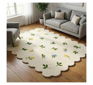 Alfombra de Lana con Borde Festoneado, Diseño de Flores Silvestres Color Crema, Alfombra de Forma Irregular Personalizada, Alfombra Floral para Sala de Estar y Cuarto de Niños - Product Image 2