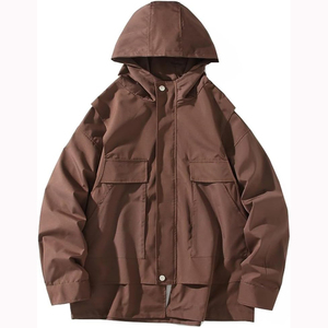 Veste tissée minimaliste à capuche pour homme, couleur unie beige, non doublée, style teint uni - Product Image 1