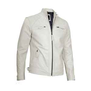 Blouson moto en cuir PU blanc pour homme, col montant, fermeture éclair, coupe ajustée, manches classiques, couleur unie, idéal pour l'automne - Product Image 2