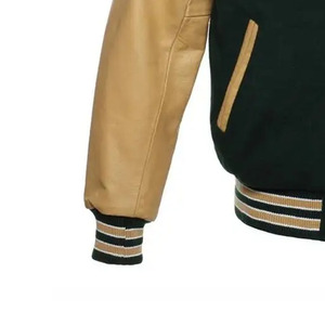 Veste de sport verte pour homme avec manches en cuir marron, fermeture à boutons, col rabattu, vêtement décontracté d'automne, coupe classique - Product Image 5