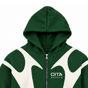 Sudadera con capucha verde bosque con paneles en contraste y cremallera completa para hombre, estilo urbano, manga larga, informal, de forro polar, con bolsillos. - Product Image 3
