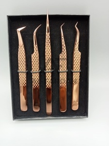 Pinces à extensions de cils couleur or rose plasma, lot de 5 formes, prise en main fluide, acier inoxydable japonais, avec boîtes cartonnées - Product Image 5