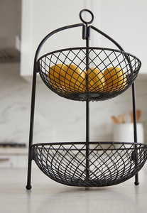 Panier de rangement moderne à 2 niveaux en treillis métallique noir pour fruits, avec poignée supérieure, bol en métal ouvert à deux couches, support de cuisine - Product Image 5