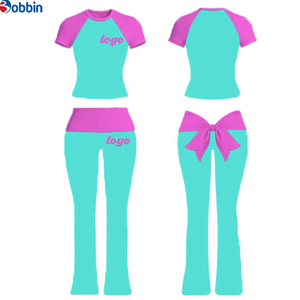 Conjunto de Verano de 2 Piezas para Mujer con Logotipo Personalizado, Diseño de Lazo, Manga Corta, Cintura Plegable y Pantalones Acampanados, en Algodón Ecológico - Product Image 4