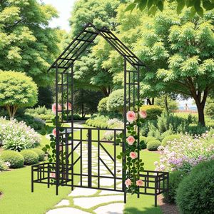 Arche de jardin en métal noir avec portail et jardinière, dimensions 80,71 x 97,24 cm, support pour plantes grimpantes, treillis pour roses d'extérieur - Product Image 1
