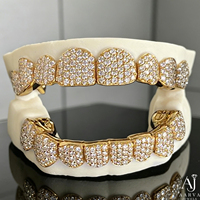 Grillz Hip Hop plaqué or avec diamants, entièrement sertis, pour dents supérieures et inférieures, idéal pour les fêtes