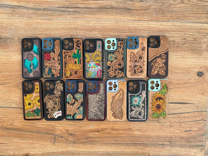 New Custom Design Turquoise Western Hand Tooled and Floral Leather Phone Cases for iPhone Genuine Leather Case IPhone 15 Pro Max