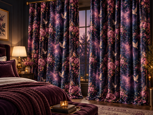 Paneles de Cortina con Diseño de Bosque Encantado y Aves, Cortinas Escénicas en Azul Oscuro y Rosa para Sala de Estar - Product Image 2