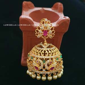 Nova Mart Big American Diamond Gold Plated Oxidized Polish Casual Pearl Jhumka Hoop Earrings - Product Image 1