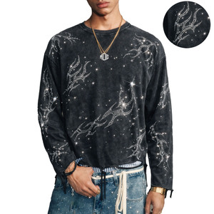 Full Sleeve <b>Rhinestone</b> Design Men's Tshirt <b>Top</b> Quality Acid Wash Oversized Men's shirts Premium Cotton Custom Logo Street Style - Product Image 1