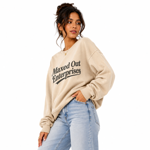 Women's Beige Cotton Fleece Sweatshirt Long Sleeve Drop Shoulder Custom Graphic Pullover Private Label Wholesale Clothing Unisex - Product Image 4
