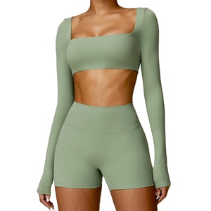 Traje deportivo de gimnasio de manga larga para mujer con decoraciones con agujeros de cremallera, 2 uds., Top corto atlético, Legging, ropa deportiva de entrenamiento, mono de Yoga - Product Image 6