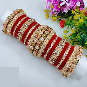 Royal Bridal Kundan and Pearl Velvet Bangles Set Elegant Pearl <b>Bracelets</b> Gold Plated Wedding Jewelry for Women - Product Image 1
