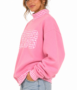 Sweat-shirt rose à col roulé pour femme 1908 avec appliqué à carreaux et motif lettres sur le devant, manches classiques, tenue décontractée d'automne - Product Image 3