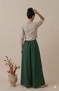 V Neck Short Sleeve Linen Cotton Top Green Wide Leg Pants <b>Loose</b> Fit Maxi Length Casual Daily Wear Breathable Casual <b>Dresses</b> - Product Image 3