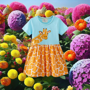 Vestido de Verano de Algodón de Alta Calidad con Cuello Redondo para Niñas, Lindo Diseño Casual y Elegante con Apliques Florales de Jirafa para Niñas de 9 Años - Product Image 1