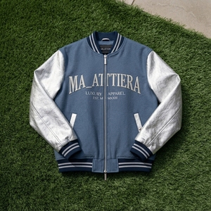 Men Blue Wool <b>Jacket</b> <b>Silver</b> Metallic Leather Sleeves Full Zip Bomber Custom Embroidered Premium Streetwear - Product Image 6