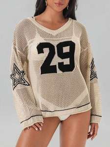 Custom Women Knitted Jersey Mesh Sweater Oversized Breathable Crochet Football Style Pullover OEM Wholesale - Product Image 3